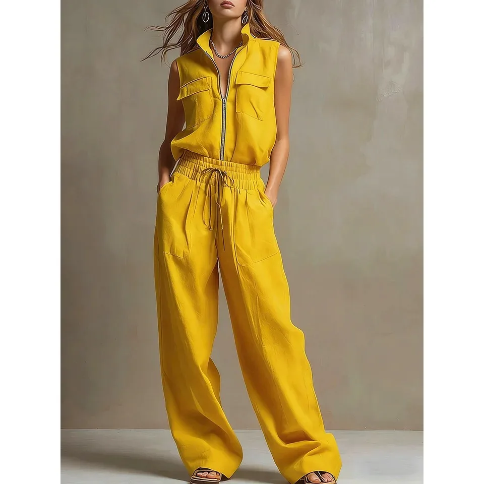 Women 2-Piece Set Autumn Summer Zip-Up Sweatshirt Wide-Leg Pants Set Sportswear Sleeveless Top High-Waist Straight-Leg Pants Y2K