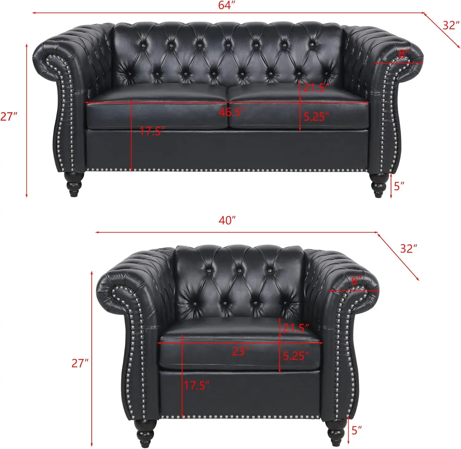 2 Pieces of Living Room Furniture Sofa Sets Modern Contemporary Tufted Button Faux Leather Accent Club Chair Loveseat Sofas