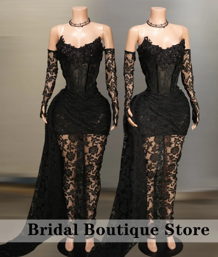 Sexy Black Long Prom Dress For Black Girls 2024 Sweetheart Bead Diamonds With Gloves Lace Party Dress