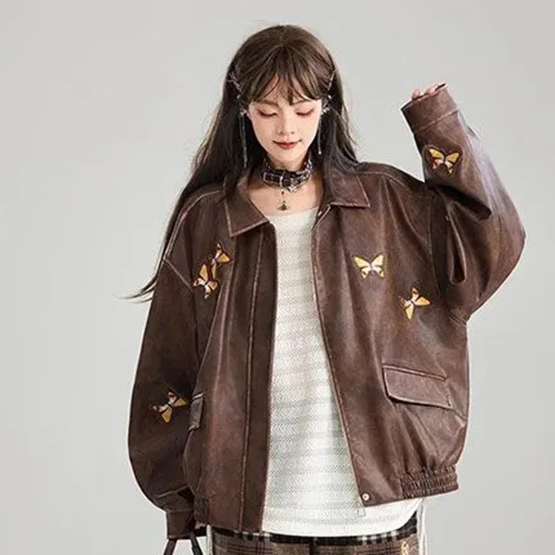 Butterfly Embroidered Pu Leater Jacket Women Zip Long Sleeve Brown Outwear Harajuku Y2K American Vintage Biker Coat