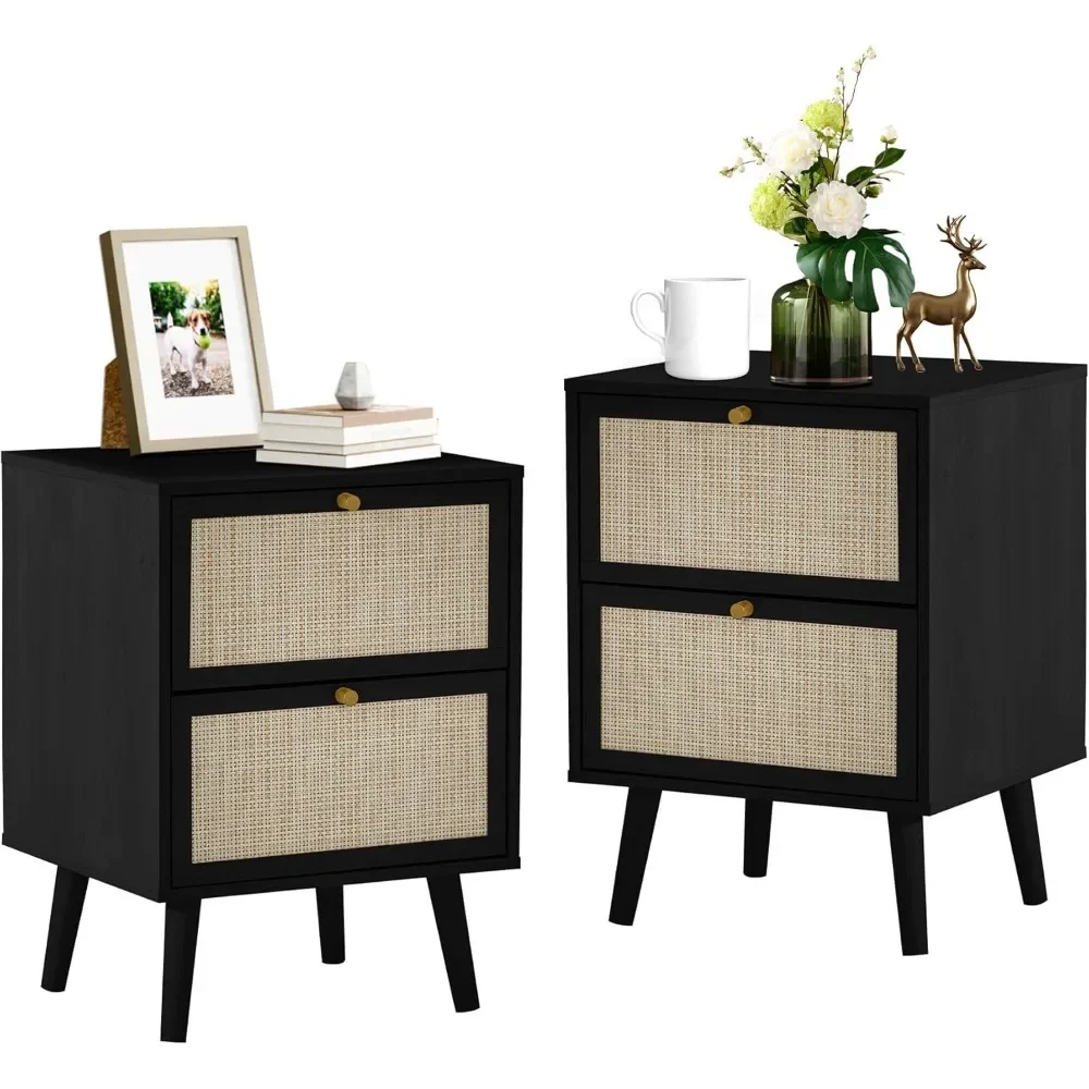 

Rattan Nightstand Set of 2, Wood End Tables with Drawers, Bedroom Bedside Table Storage Side Table for Bedroom Living Room