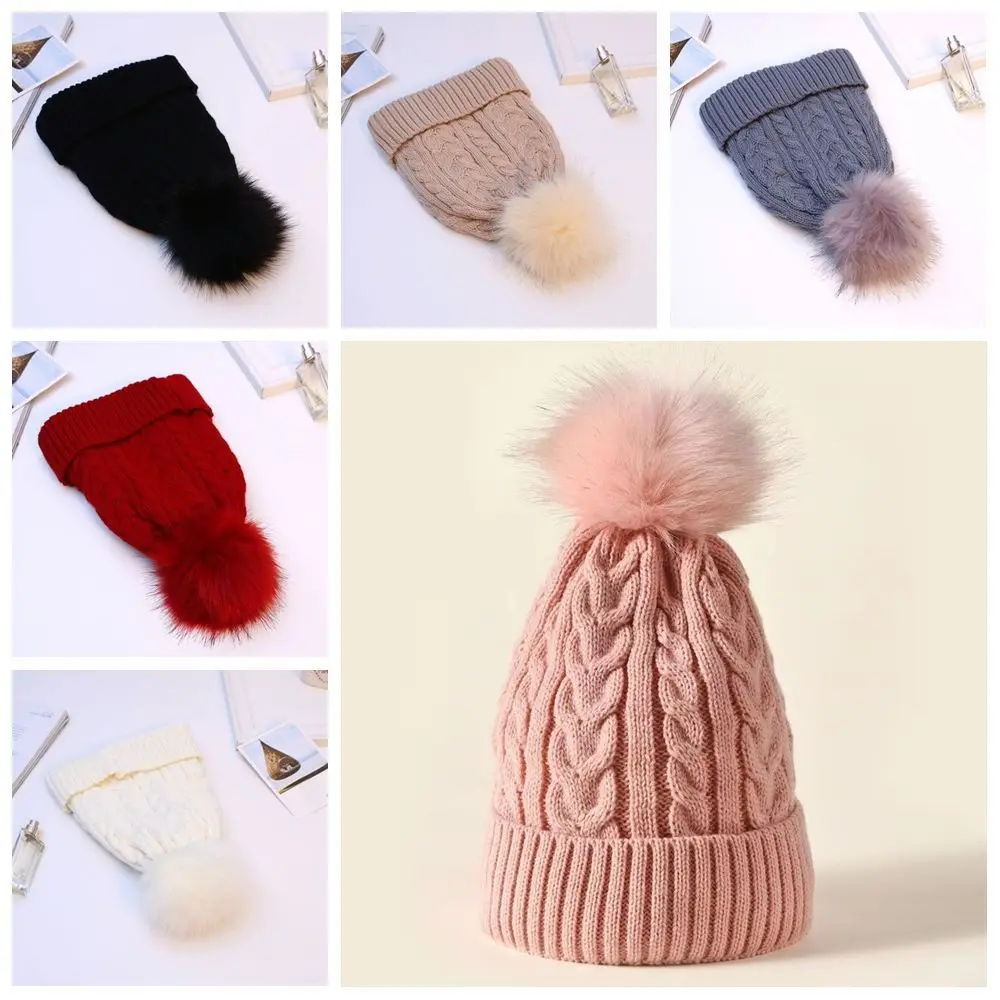 

Korean Style Winter Twist Knitting Hat Solid Color Soft Ski Snow Beanies Fleece Lined Warm Pompom Thick Plush Cap