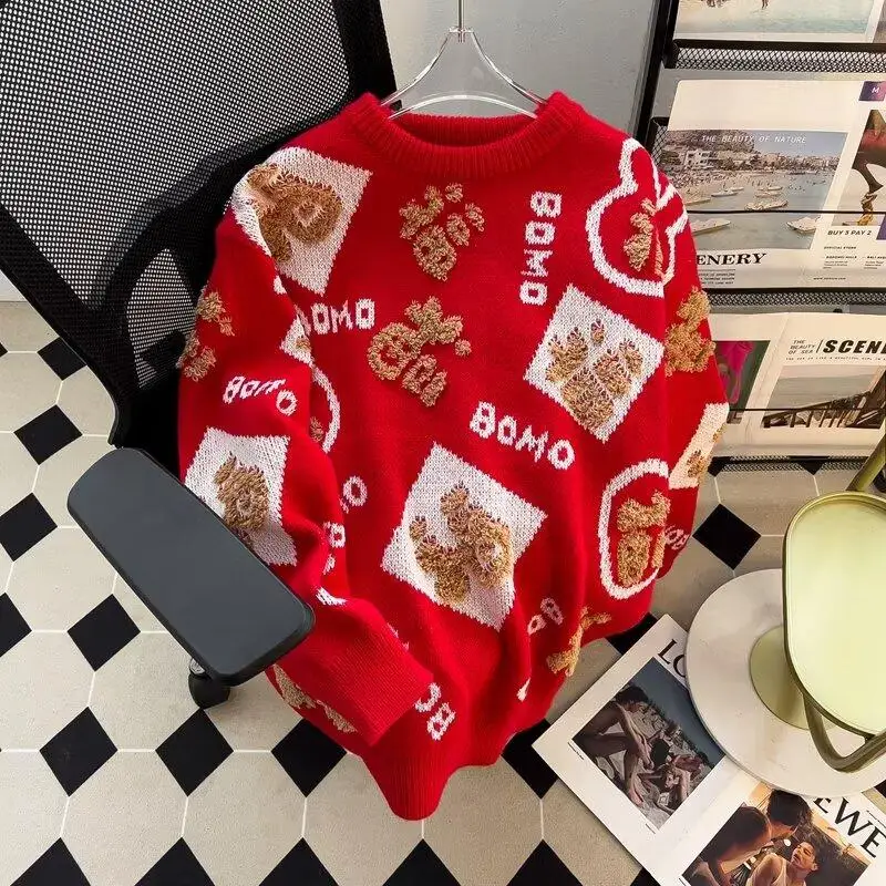 

Red Thiened Knitted Sweater Loose Fit Youthful Sle for Men And Women Couple Suitable New Year Snake Year Casual Wear