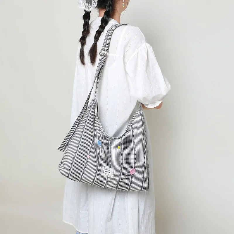 

Летняя парусиновая сумка, клетчатая сумка на плечо с дофамином, корейская простая стильная тканевая сумка, повседневная подростковая большая сумка