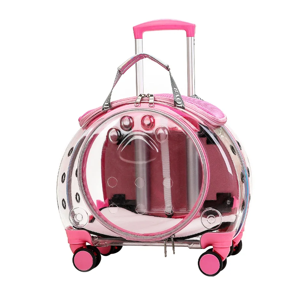 2 In 1 Breathable Transparent Pet Carrier Backpack And Cat Trolley Box With 360-Degree Silent Wheels For Dog Travel Stroller