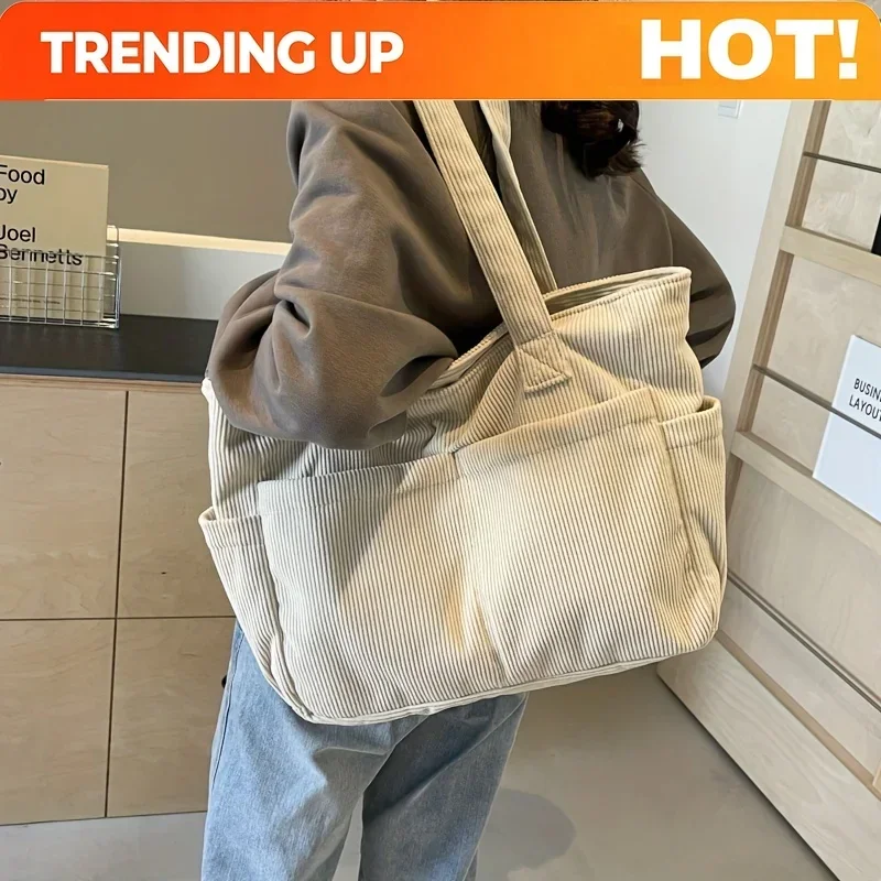 Women's Casual Corduroy Tote Bag Striped Shoulder Bag with Fixed Straps Zipper Large Capacity Handbag for Daily Outings and Shop