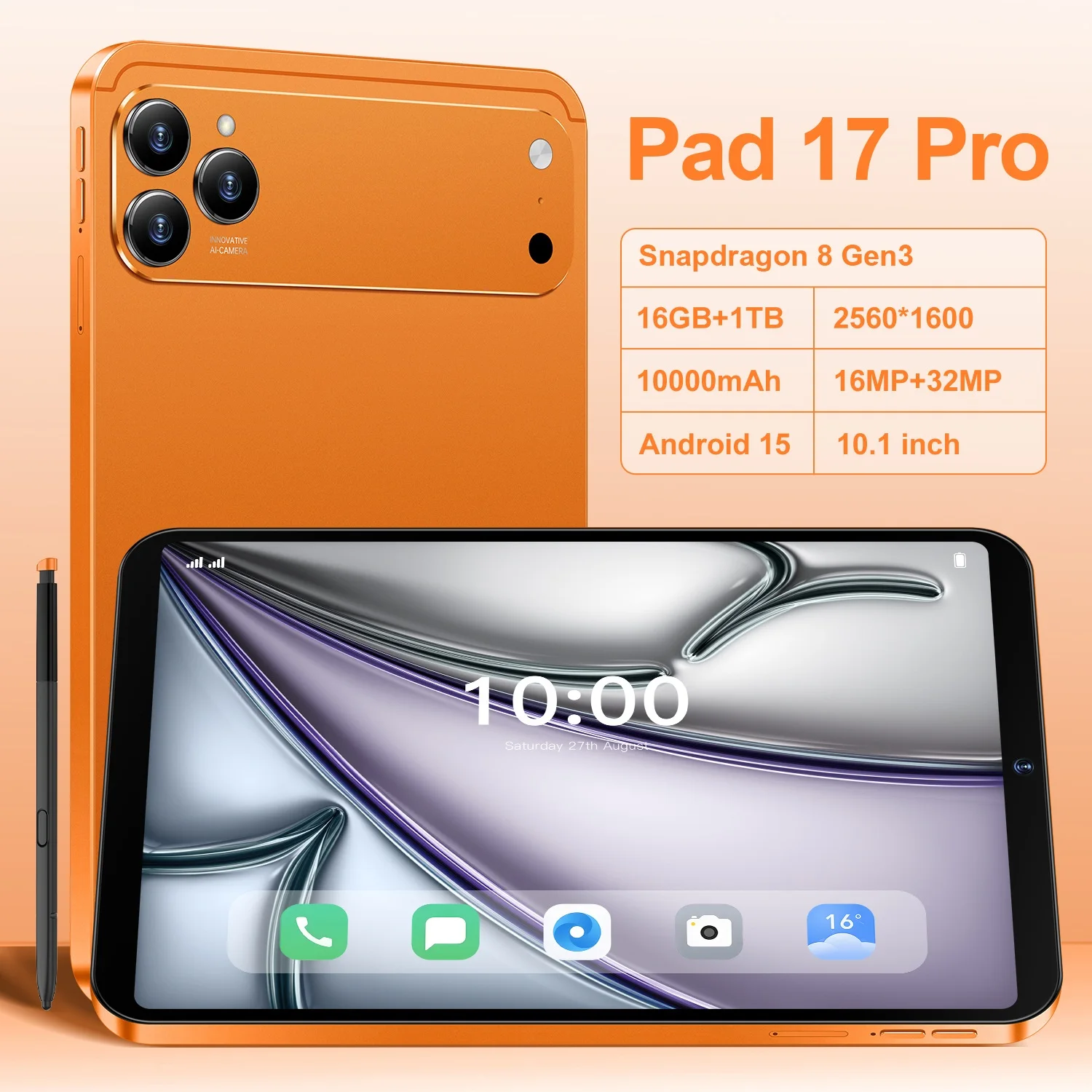 

Новый планшет 2026 HOT Original Pad 17 Pro на Snapdragon 8 Gen3, 10.1 дюйма, Android 15, 16 ГБ+1 ТБ, 10000 мАч, 5G, две SIM-карты, Wi-Fi, GPS