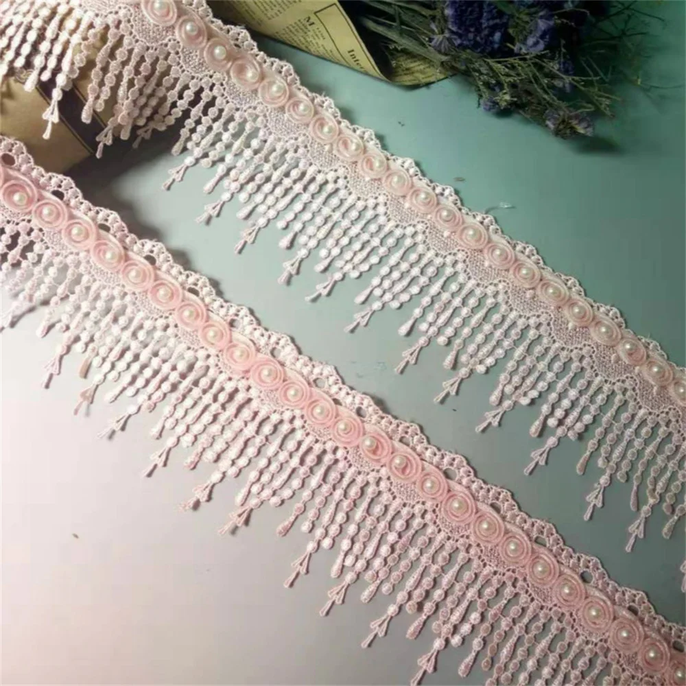 1 Yard Pink Pearl Tassel Plum Flowers Pearl Lace  Trimmings Ribbons Beaded Lace Fabric Embroidered Sewing Wedding Dress 8cm