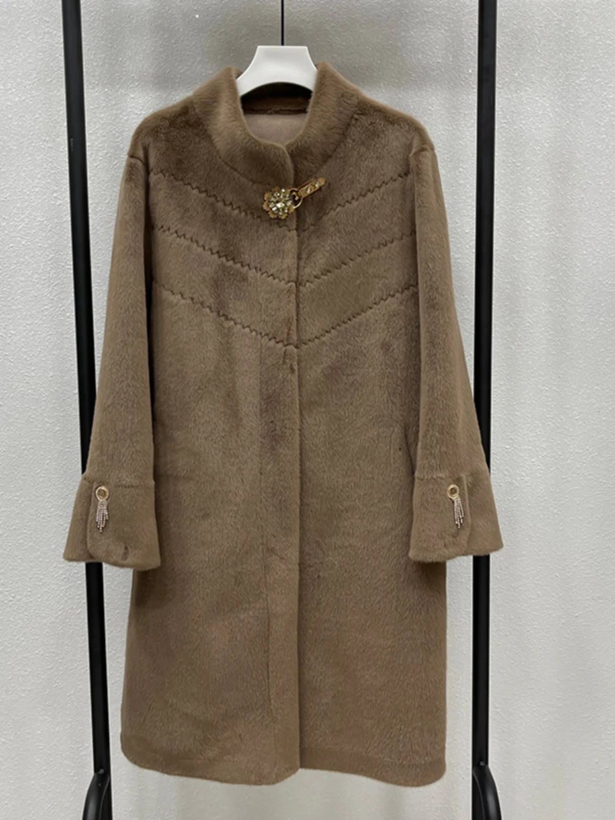 

Young Sle Thiened Winter Coat for Middle-Aged Mothers Dolphin Skin Jaet Pure Color Faion Stand Collar Open Cardigan