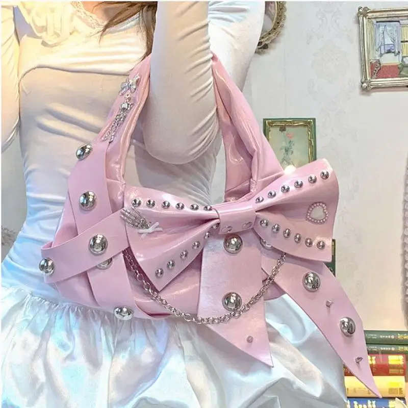 Original American Style Bow Tie Metal Rivet Chain Handbag With Personalized High-end Feel, Single Shoulder Bags For Women Trendy