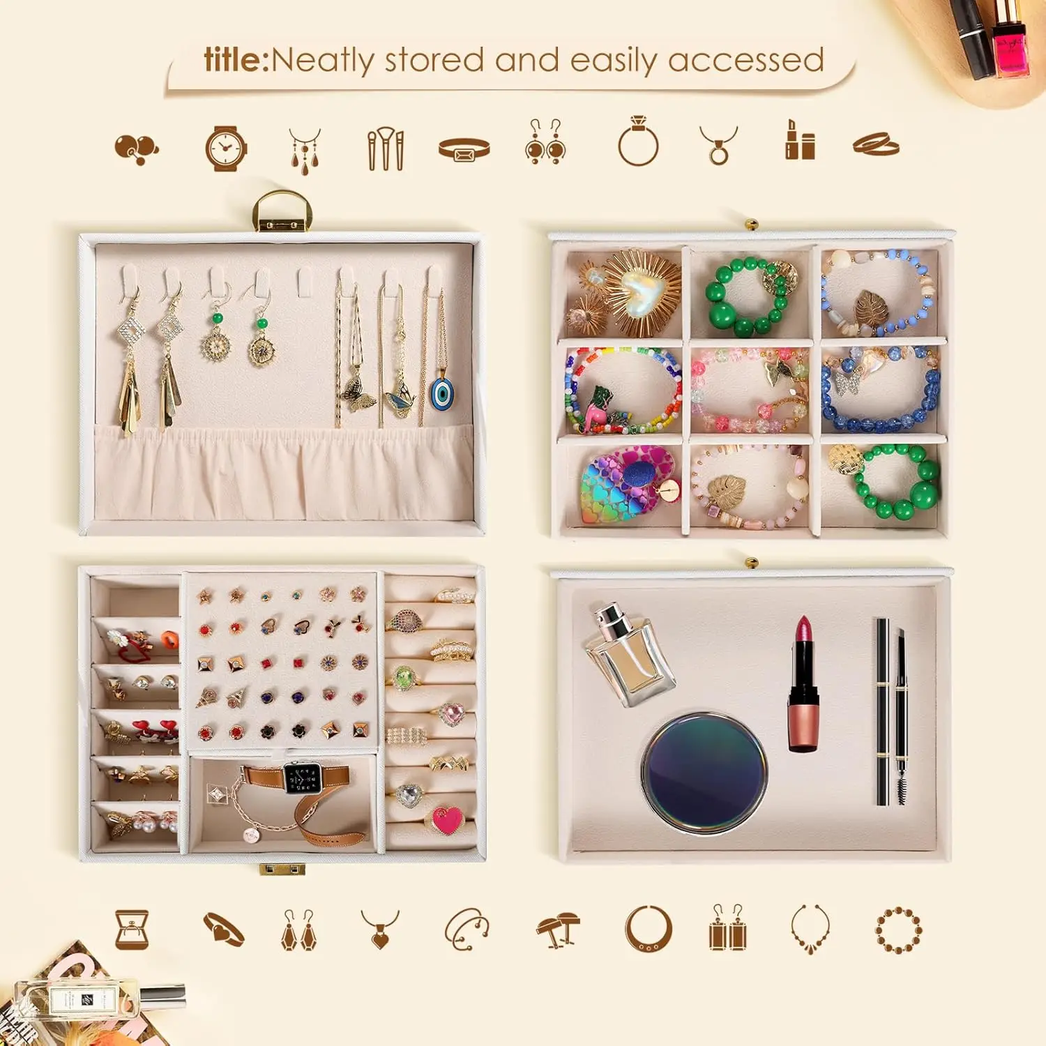 صندوق مجوهرات مكون من 3 طبقات مع درج قابل للقفل لتخزين رف المجوهرات ومنظم أقراط مخملي كبير للنساء #5