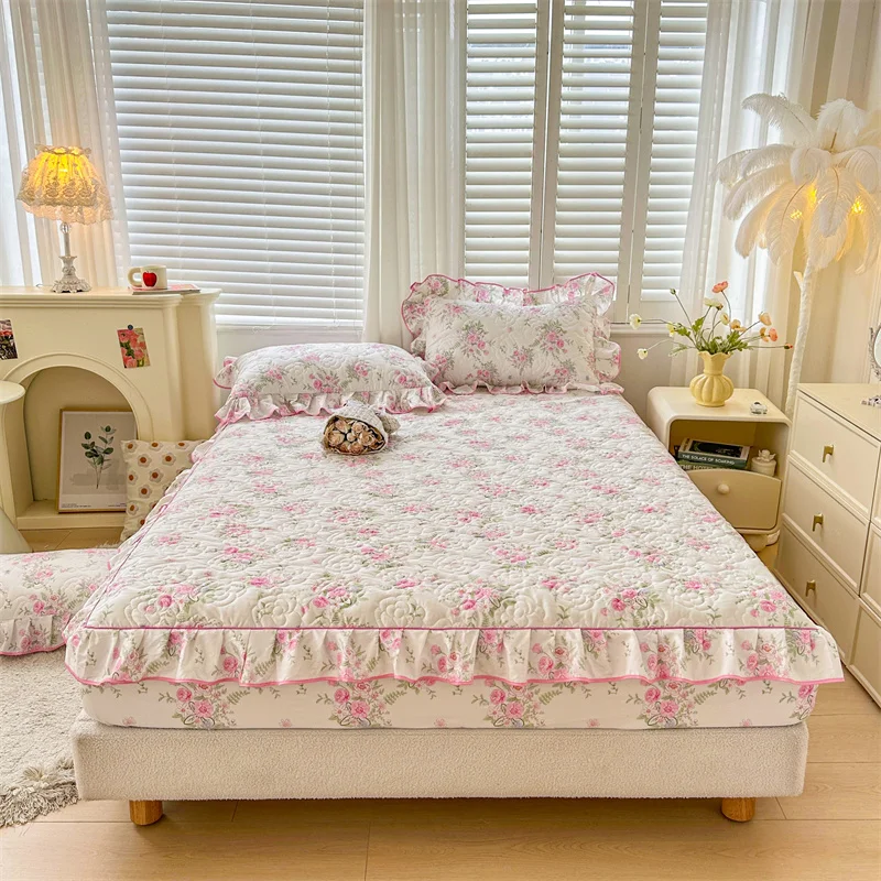 100% Cotton Mattress Cover Floral Style Bedspread Thickened Fitted Sheet Lace Bed Linen Quilted Bed Cover 매트리스커버 (No Pillowcase)