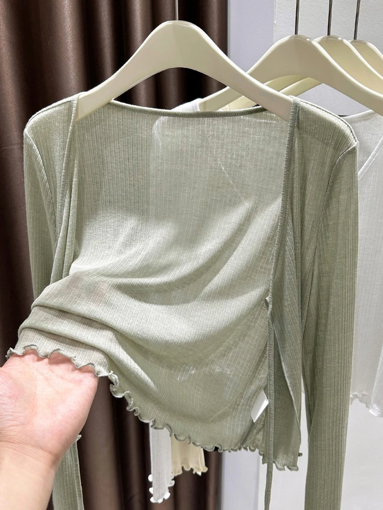 

Вязаный тонкий открытый кардиган из ледяного шелка с кондиционером, женский летний кардиган с ремешком, внешний чехол, тонкая вуаль, топ-ушанка