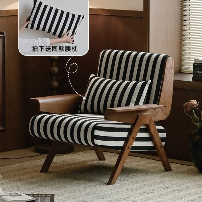 

French retro solid wood sofa chair, living room balcony backrest single leisure chair, antique lazy armchair