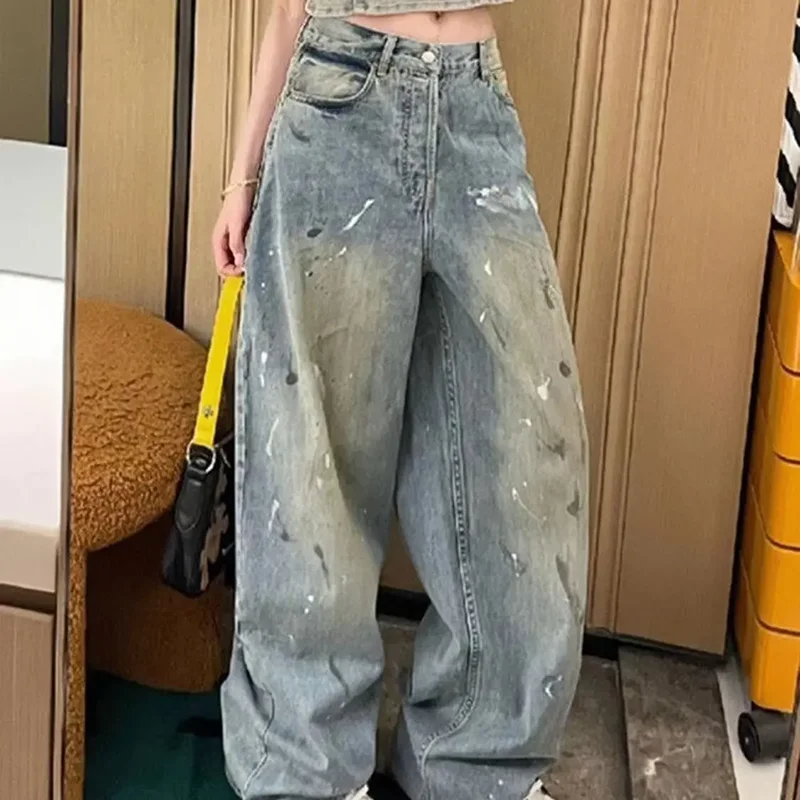 Fried Street Straight Tube Splash Ink Jeans Women's Spring Autumn New Design Sense Slimming Loose Denim Wide Leg Long Pants