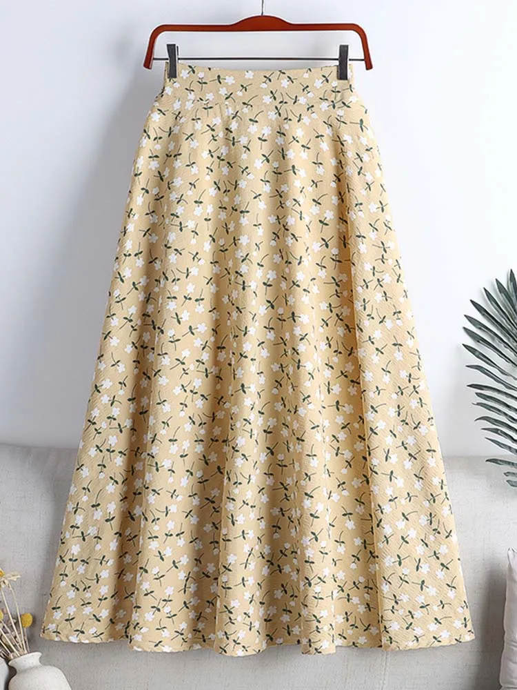 New 2024 Stylish Floral Printed Tulle Mi-long Women Skirts High Waist Loose Female Umbrella Skirts Ladies Spring Summer