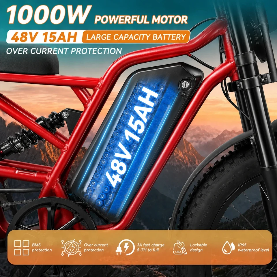 1000W Peak Electric Bike 48V15AH Battery Full Suspension 7 Speed 16*4 Inch Fat Tire All Terrain Off Road E-bike Motorcycle for Adults image 6