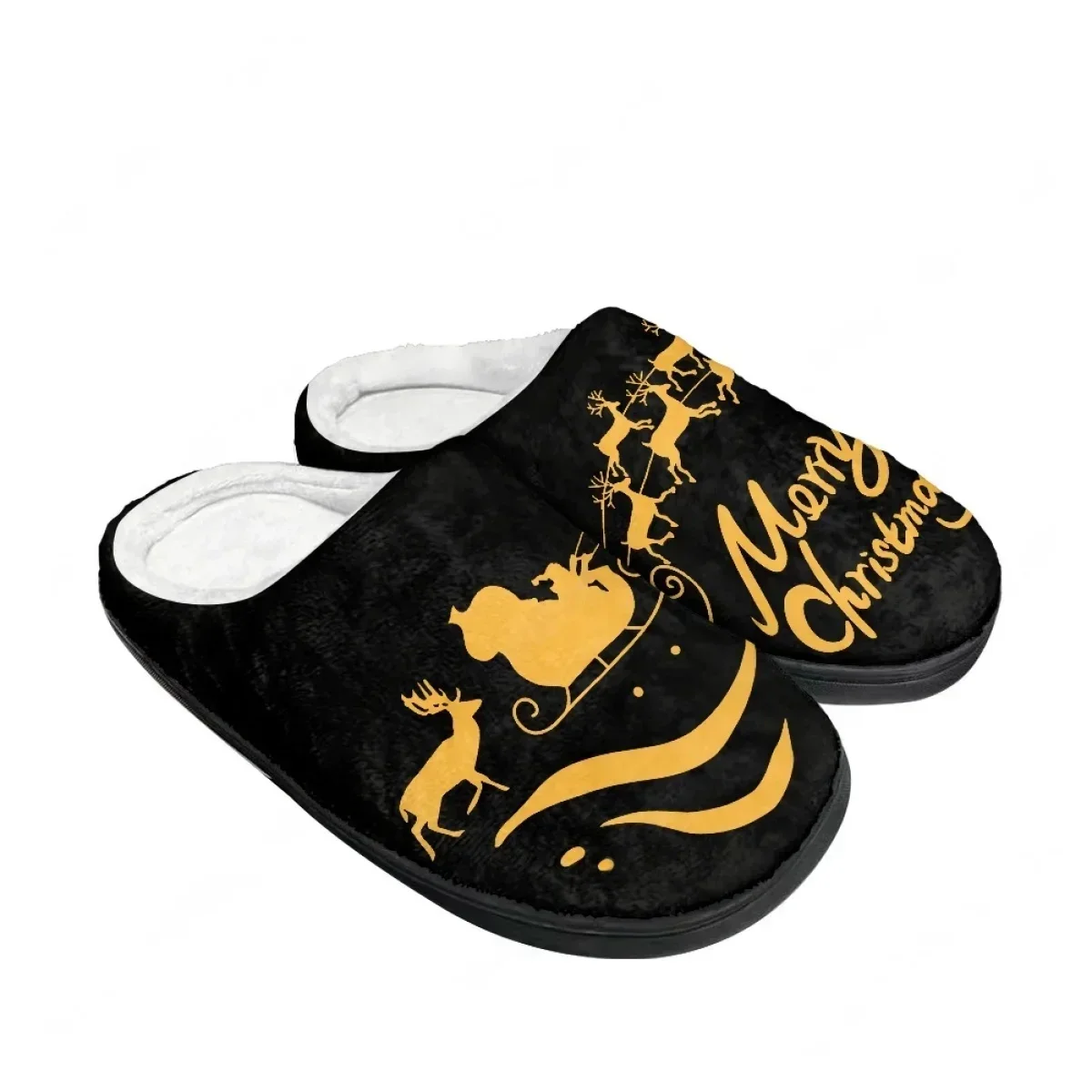 Pantuflas de algodón personalizadas con diseño de reno navideño tirando de un trineo y Papá Noel, para hombre, mujer y adolescente, de felpa, para dormitorio, que mantienen el calor.
