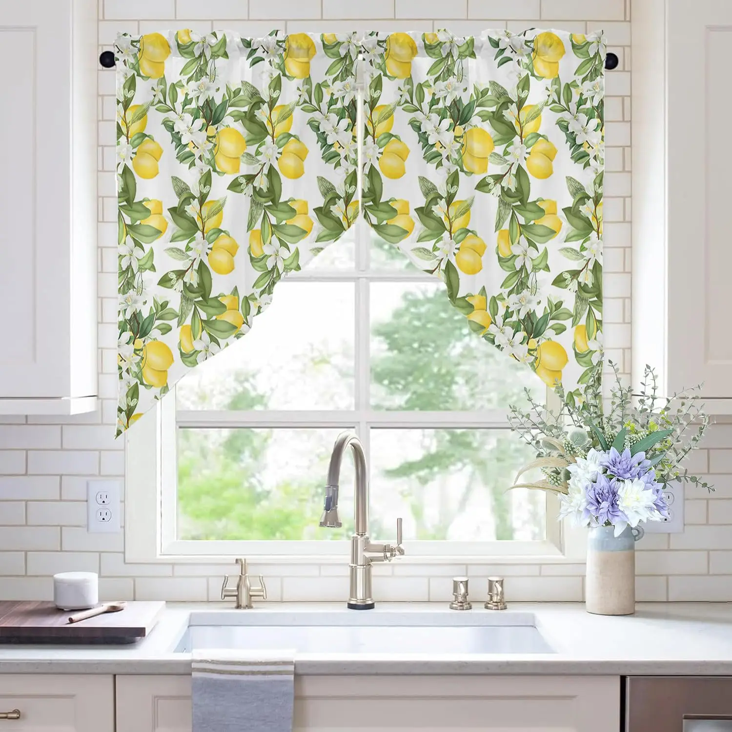 Lemon Swag Curtain Valance for Kitchen, Light Filtering Short Swag Topper for Windows Bedroom Bathroom Rod Pocket Design