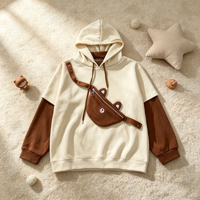 Autumn Kawaii Women Oversize Hooded Sweatshirt Cartoon Bear Removable Crossbody Bag Design Long Sleeve Loose Pullover Casual Top
