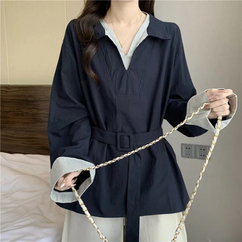 French Chic Contrasting Color Splicing Striped Fake Two-piece Shirt Autumn New Versatile Slimming Temperament POLO Collar