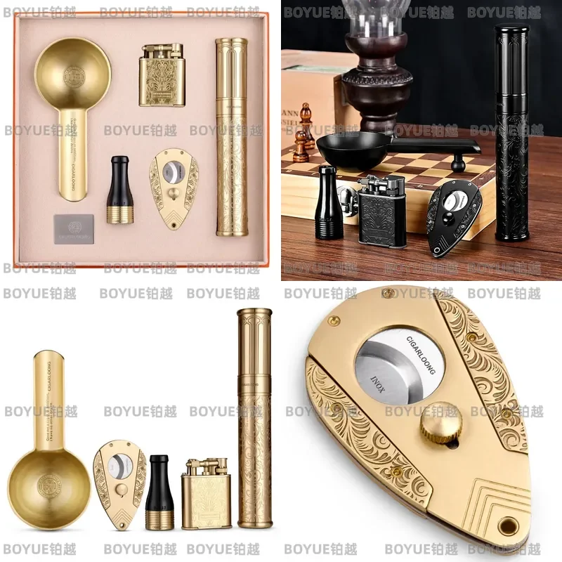Windproof Straight Flame Lighter and Sharp Cigar Cutter Five Piece Smoking Accessory Set for Men Premium Gift Box