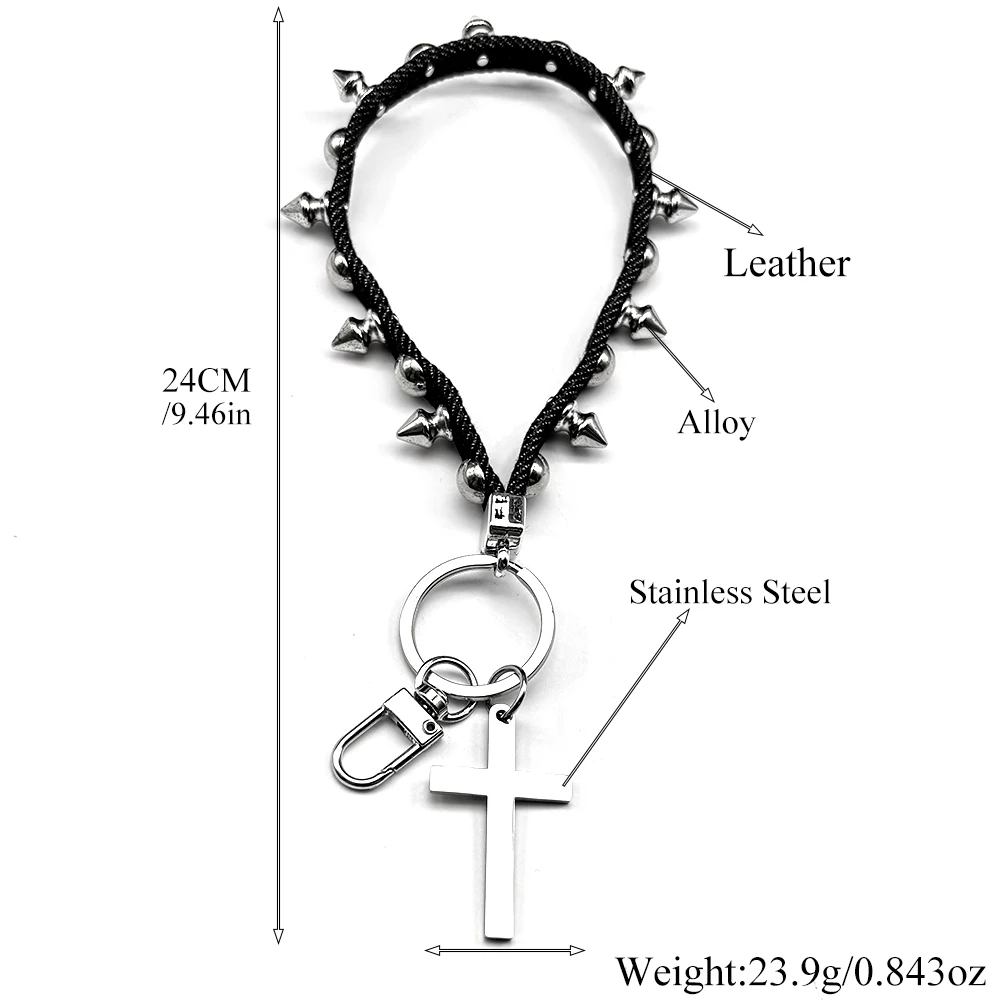 Neue Niet Leder Seil Kreuz Schlüsselbund Goth Kreative Punk Tasche Hängen Seil Geschenk Trendy Charme Christentum Schlüsselanhänger Schmuck – Detail 3