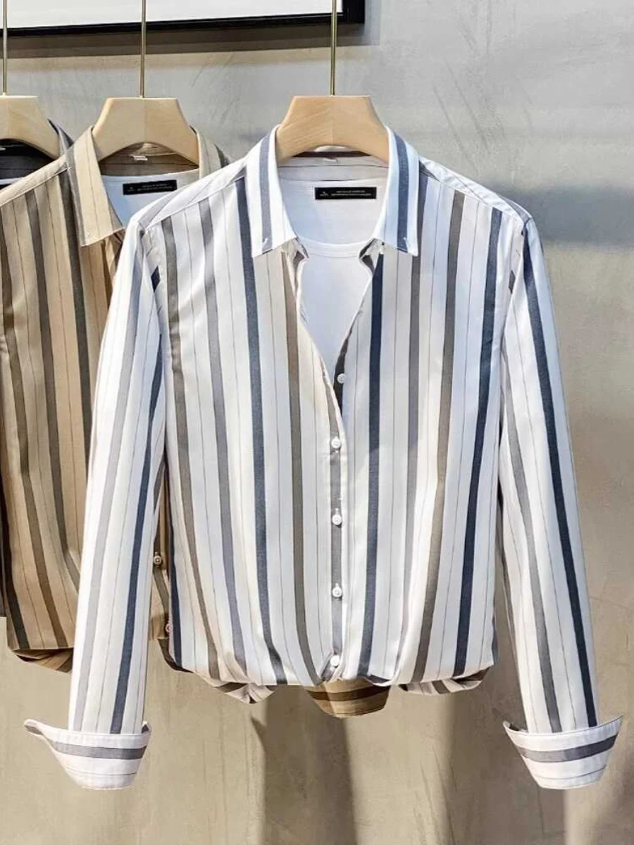 

Мужская рубашка Ele с длинным рукавом, модная, легкая, роскошная, весна-осень 2024, новая, деловая, повседневная, в полоску, приталенная, молодежная