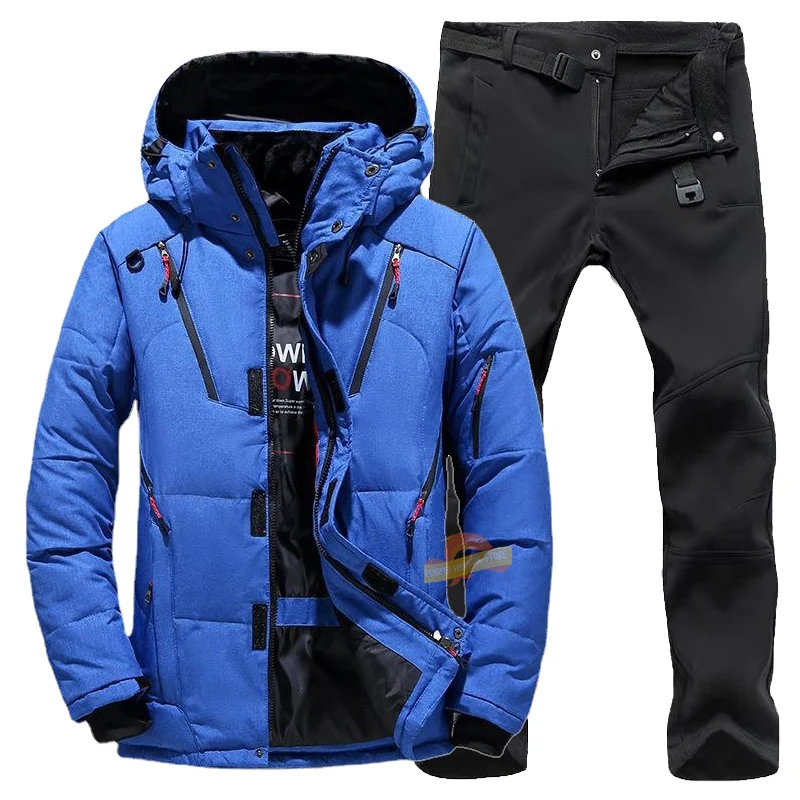 New Men's Winter Fishing Clothes Set Outdoor Thickened Warm Hooded Windproof Coat Hiking Jacket Fleece Waterproof Fishing Pants