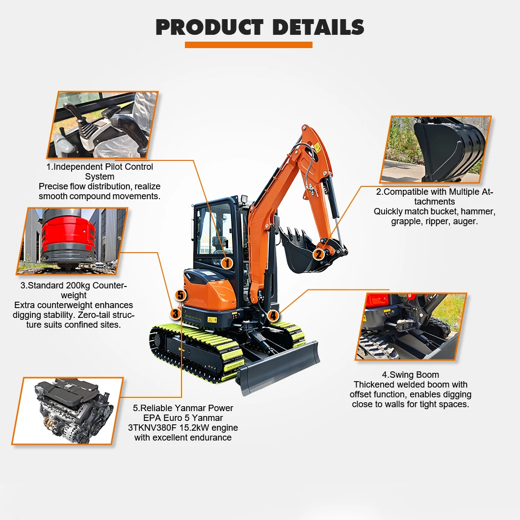 Compact Excavator Mini Digger 1200kg Small Crawler Bagger with Deflector Boom for Close-to-Wall Digging Basement Work