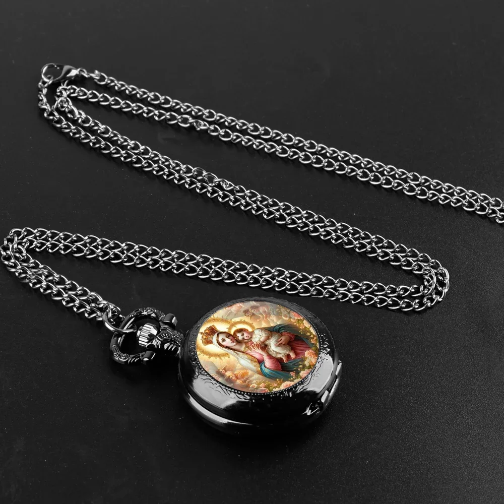 Virgin Mary and Baby Jesus Christian Catholicism Pocket Watch with Chain Necklace Vintage Quartz Pendant Watches Mens Women Gift