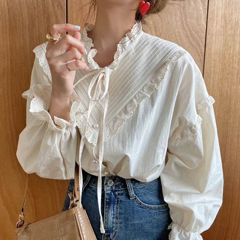 Vintage Casual Elegant Tops 2024 New Women Hollow Out Women Shirts Solid Long Sleeve Korean Style Bow Loose Blouses Blusas 9580