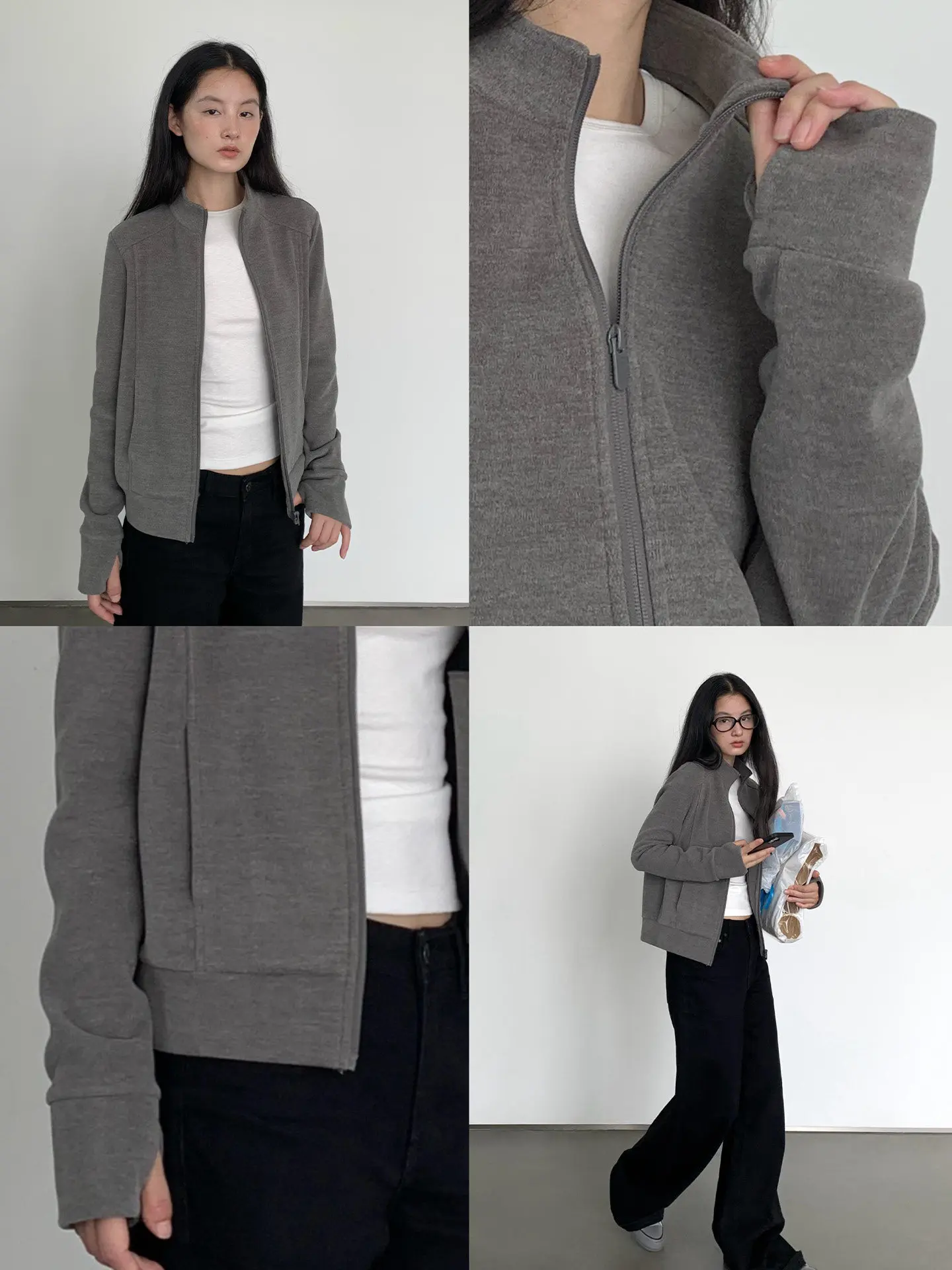Grey Stand Collar Sweatshirt Jacket Women's Casual Slim Fit Long Sleeve Short Style Flocking Spring Autumn Korean Style Stree...