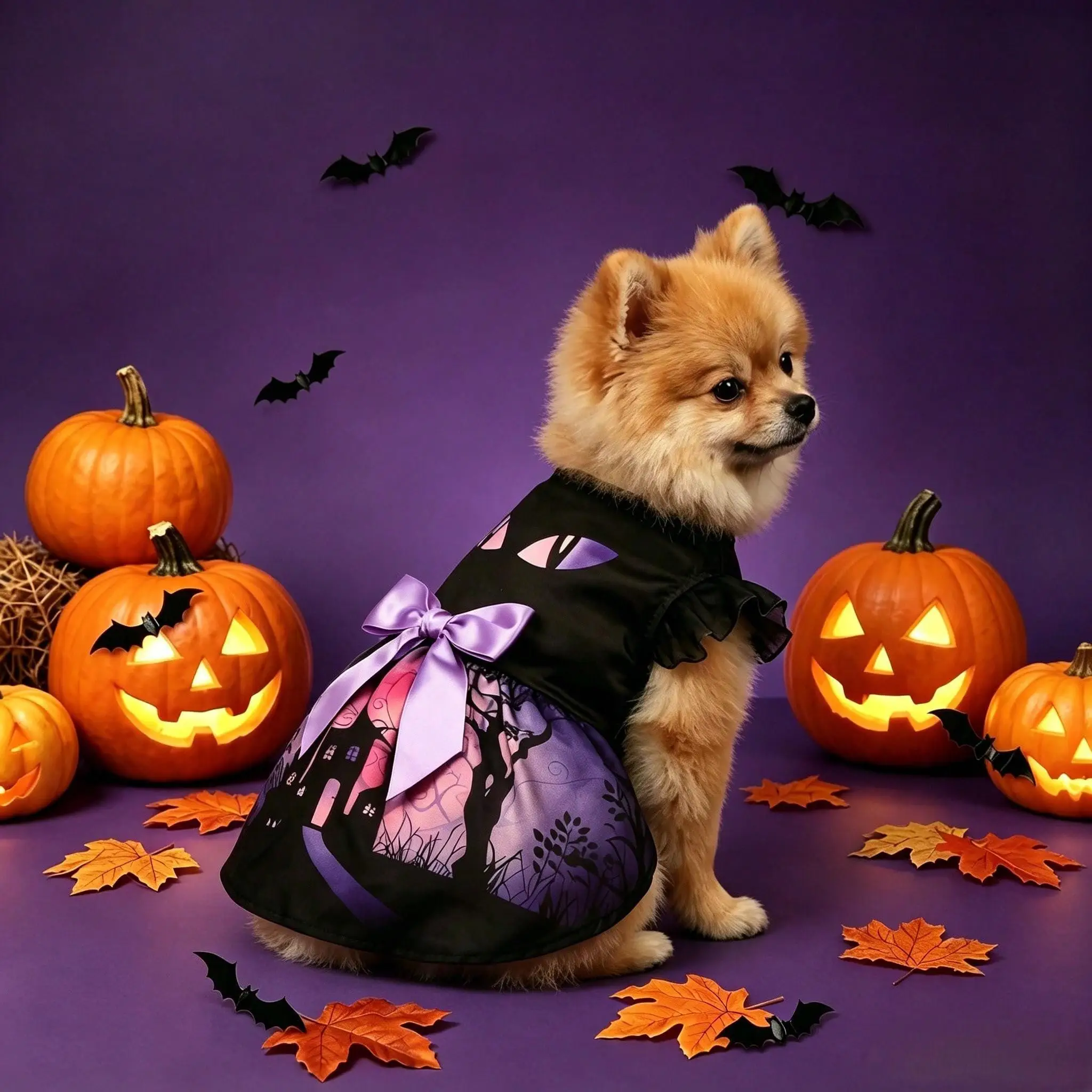 Halloween-Kostüm für Hunde und Katzen: Schwarzes Katzenaugen-Tutu-Kleid mit lila Satinschleife, Prinzessinnenrock für kleine und mittelgroße Hunde und Katzen – Detail 4