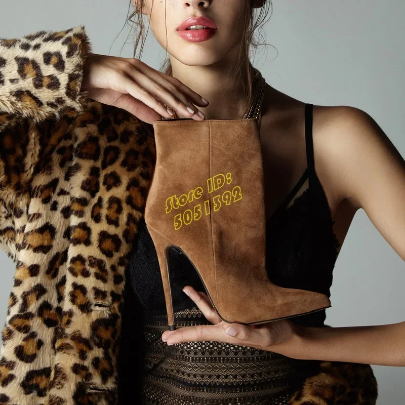 

Сексуальные ботильоны с острым носком, светло-коричневые ботильоны на молнии, замшевые туфли на шпильке, на тонком высоком каблуке, подиум 2026, зима-осень, однотонные модельные туфли ручной работы