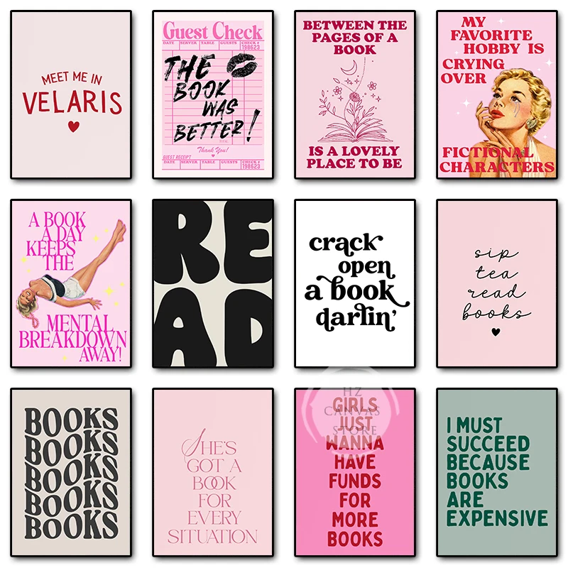 Book Bookish Quotes Pink Retro Poster and Print Canvas Painting Reader Book Lover Gift Wall Art Picture for Room Home Decor