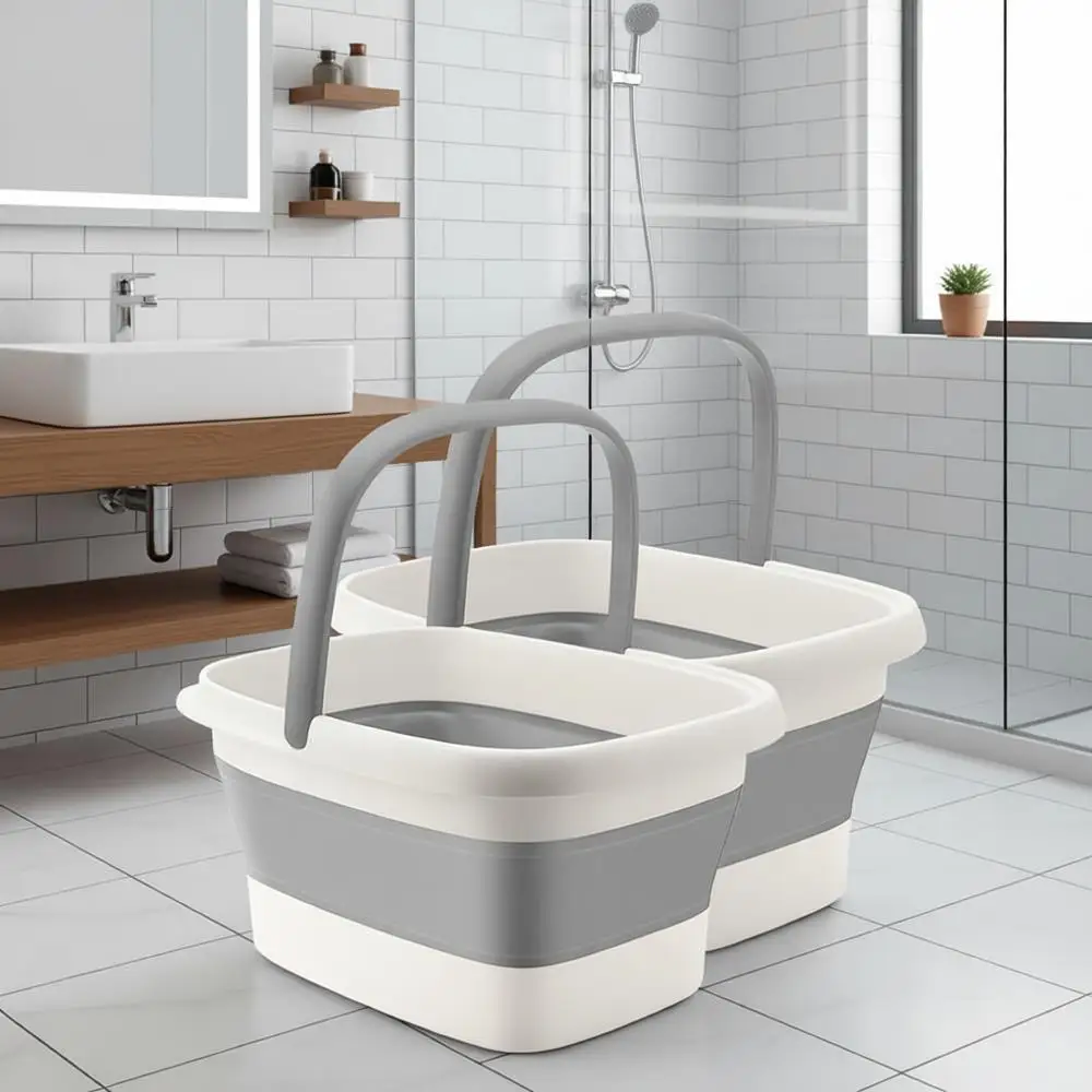 

Складная ванна-таз, пластиковое ведро с массажными точками и ручками, складные корзины для белья (2 шт.)