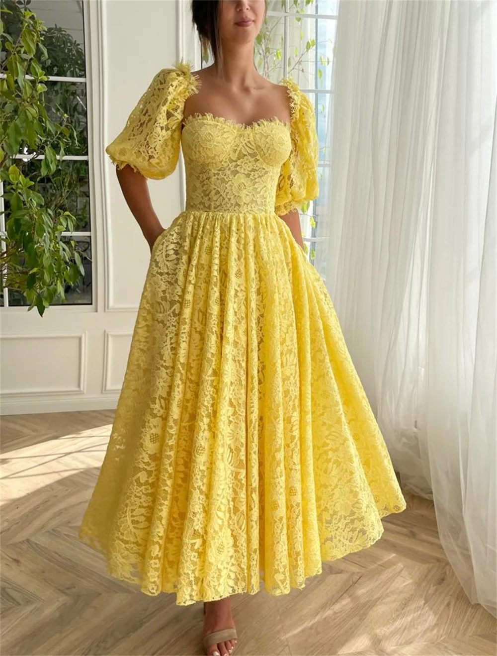 Bafftafe-Vestidos de Fiesta de Encaje amarillo delicado para mujer, Media manga, línea A, longitud hasta el tobillo, Midi, vestidos de noche