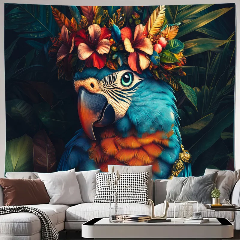 Bohemian Tropical Macaw Parrot Tapestry Jungle Rainforest Animal Floral Wall Hanging Decorative Print Boho Home Decor Art Screen