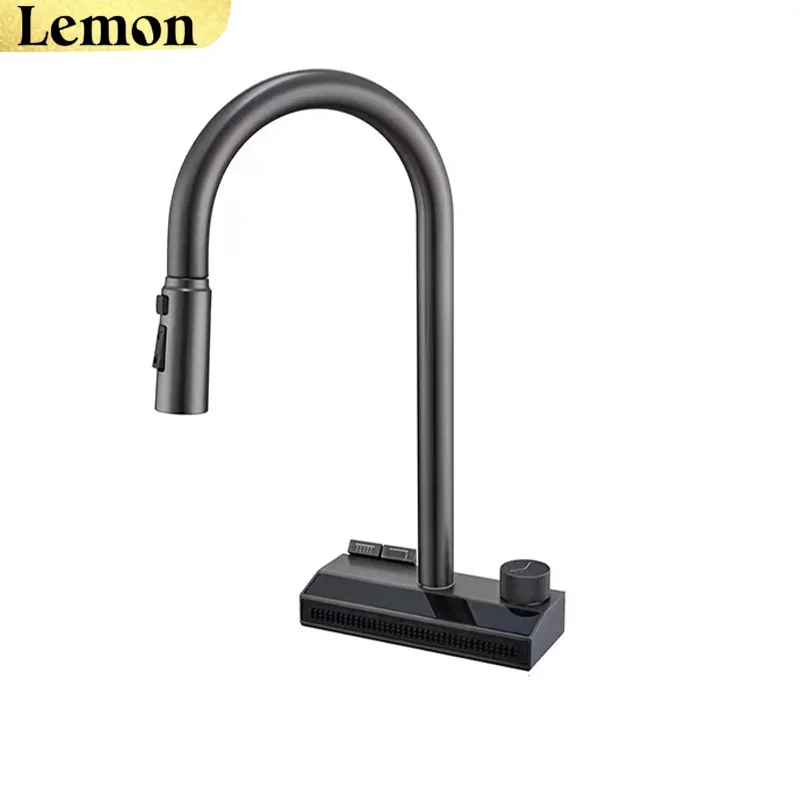 Juego de grifería de fregadero de cocina gris bronce de latón, cuenco individual con grifo de cascada de lluvia con mosca, pantalla Digital, grifo mezclador de baño moderno