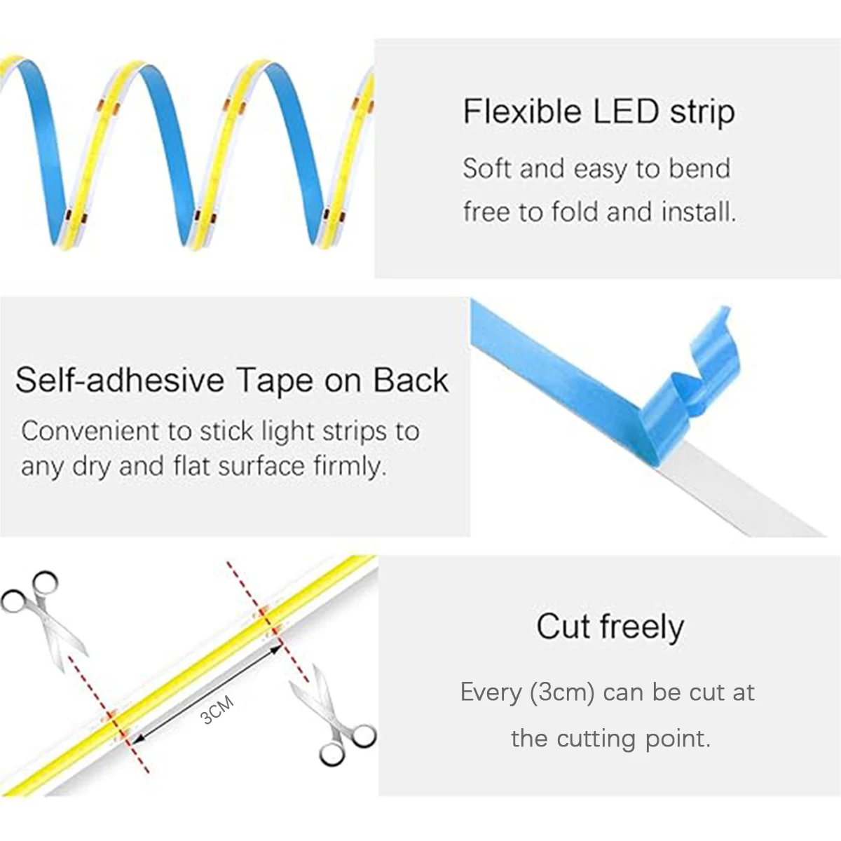 16.4ft 12V COB LED Strip Light High CRI 95Ra+ Ultra Bright 6000K/4000K/3000K White Natural White Warm White Flexible Cuttable Tape Light for Bedroom Mirror Kitchen Cabinet Living Room