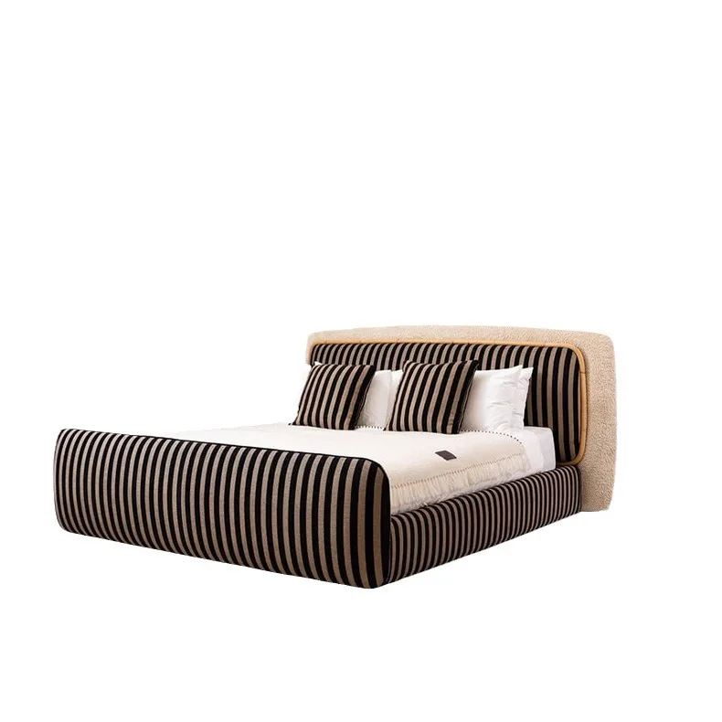 High-end fabric bed black and white striped color matching master bedroom wedding bed villa double senior design bed