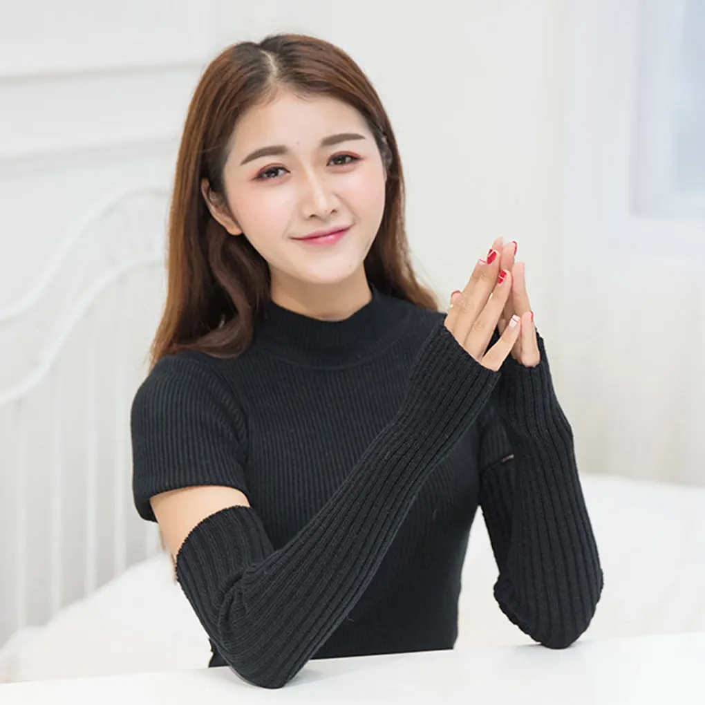 Women Knit Long Fingerless Gloves Fashion Arm Wrist Sleeve Hand Warmer Girls Casual Half Black Over Elbow Punk Gothic Mittens ﻿