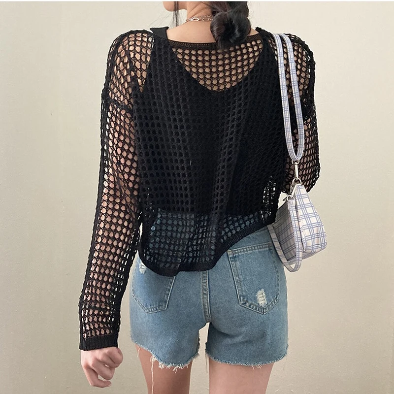 HELIAR Women Casual Knit T-shirts Long Sleeve Y2k Hollow Out Smock Top Loose Pullover Tee Streetwear Beach Shirt Spring Summer