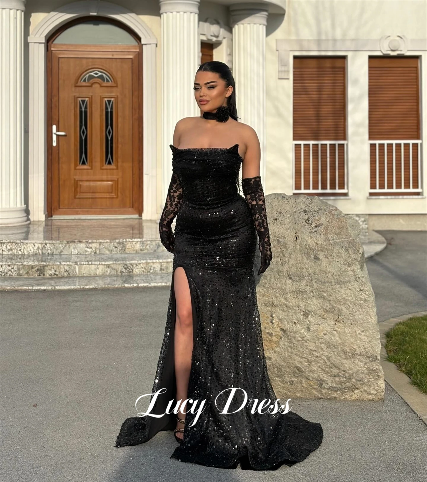 

Lucy Party Dress Fishtail Cut Luxurious Black Evening Bead Embroidery Fabric Formal Dresses Woman Ball Gowns Elegant Customized