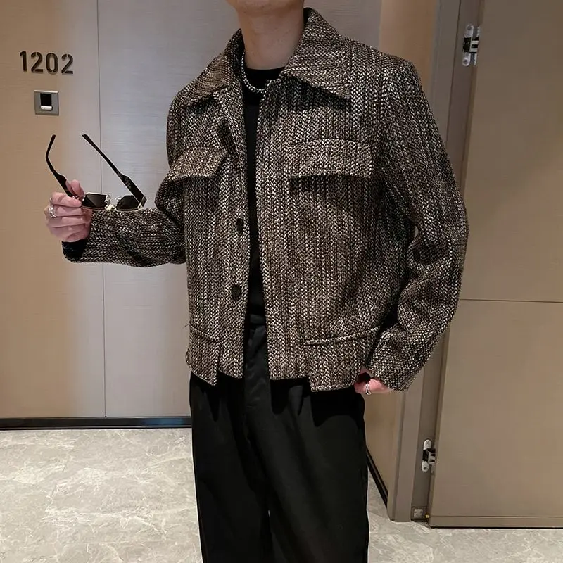 

​ Новое поступление, мужская осенняя куртка премиум-класса, вязаный пиджак с лацканами, свободная уличная одежда, мужская верхняя одежда ​