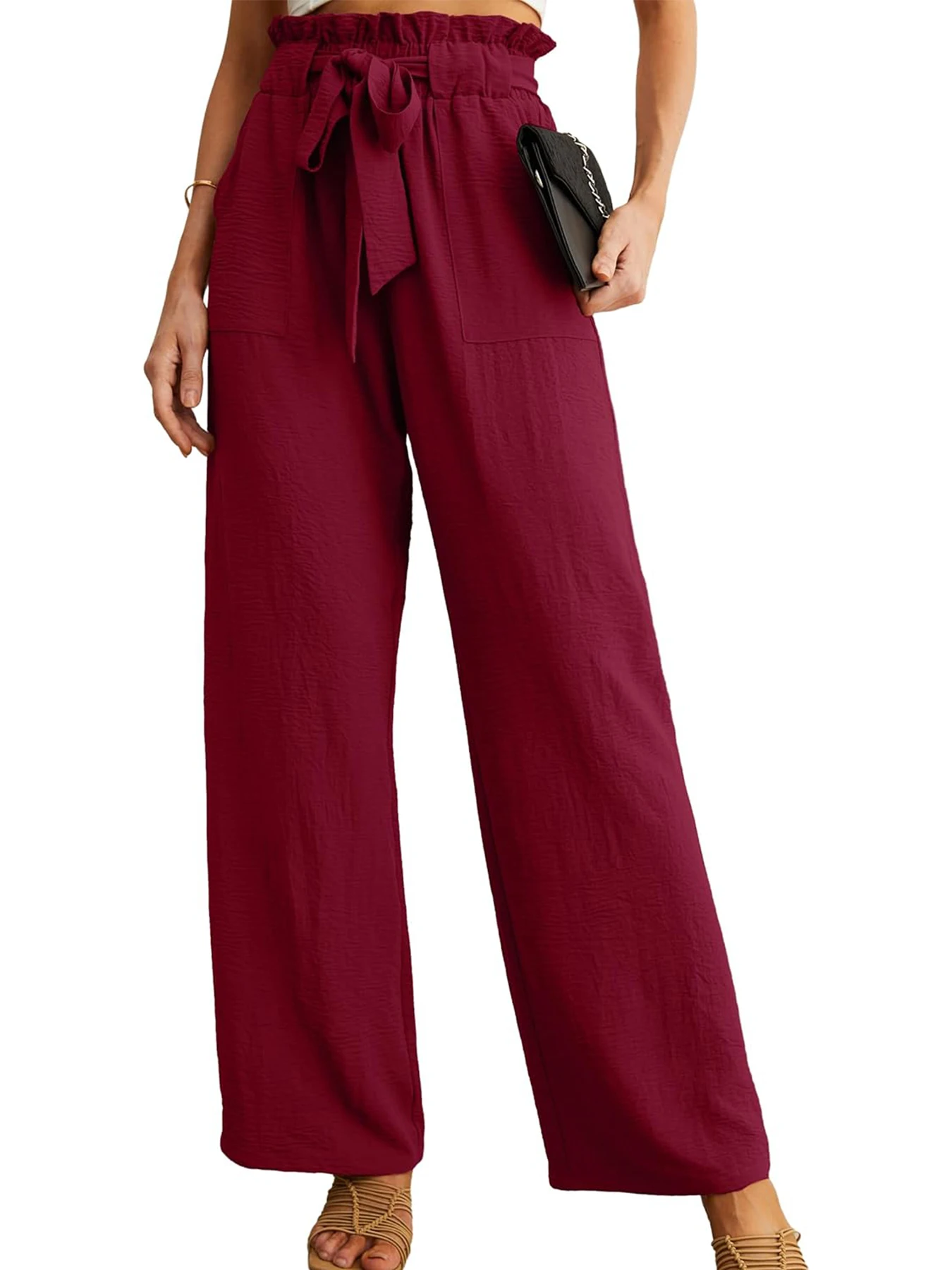 Damen-Freizeithose mit hoher Taille und weitem Bein, mit Taschen, verstellbarem Kordelzug, locker, schlank machend, bequem für den Urlaub – Detail 9