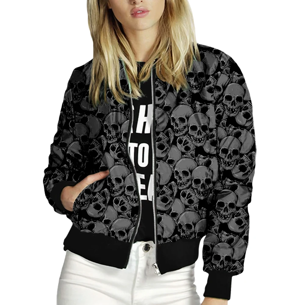 Women's Jacket Tops Long Sleeves Skull Print Baseball Collar Zipper Coat Slim Fashion Lady Girls bomber Jacket Street Style