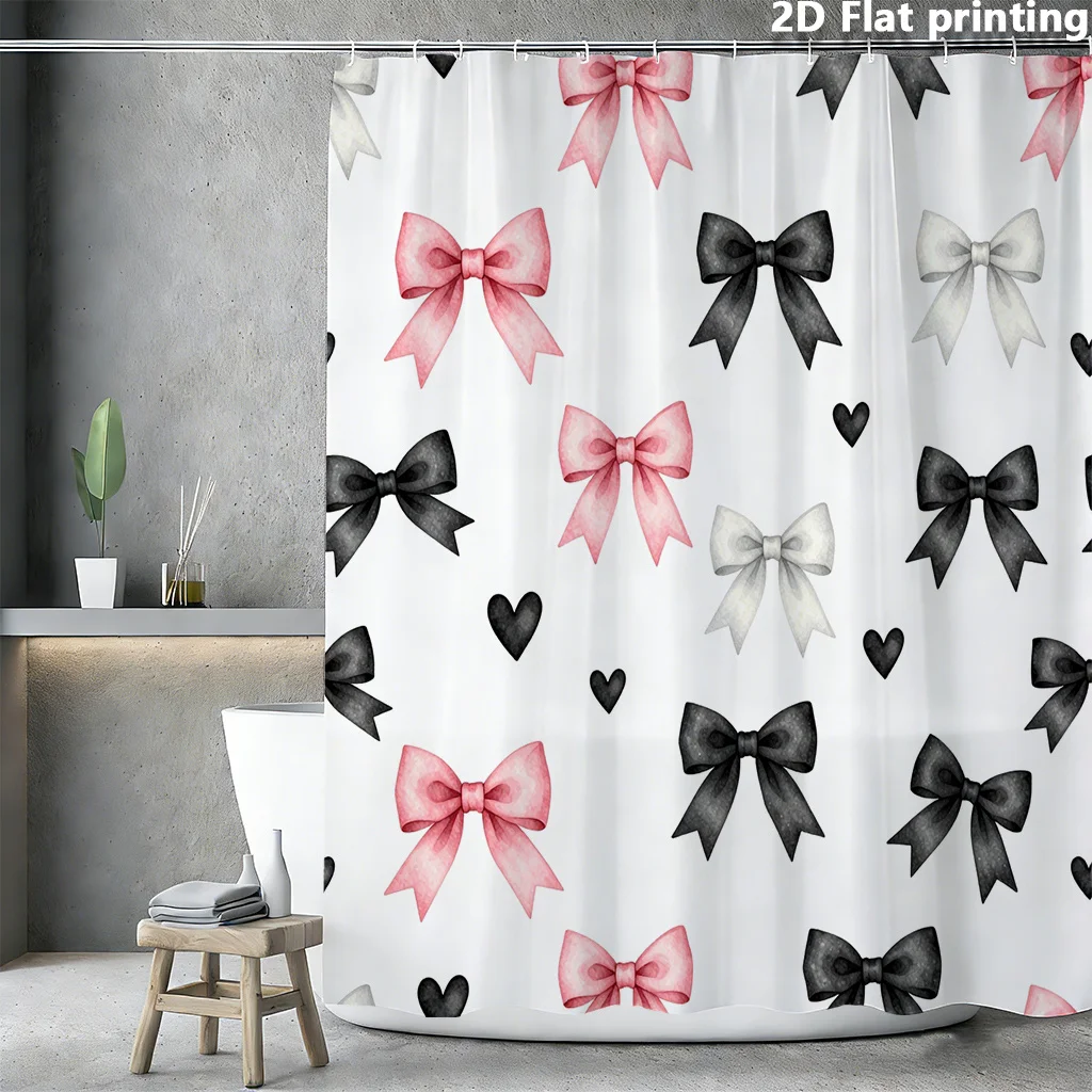 Cute Bow Pattern Shower Curtain, Pink Black Ribbon Waterproof Bath Curtain, Girly Heart Bathroom Decor for Teen Girls