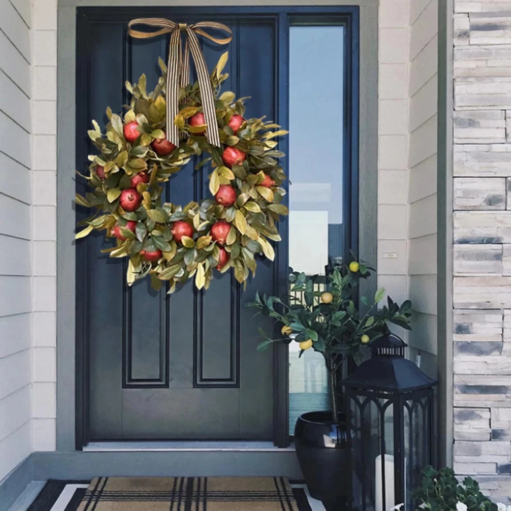 Autumn Fall Front Door Wreath Artificial Pomegranate Fruit Ribbon Bow Realistic Greenery Hanging Onrmanet Part Indoor Outdoor view 4